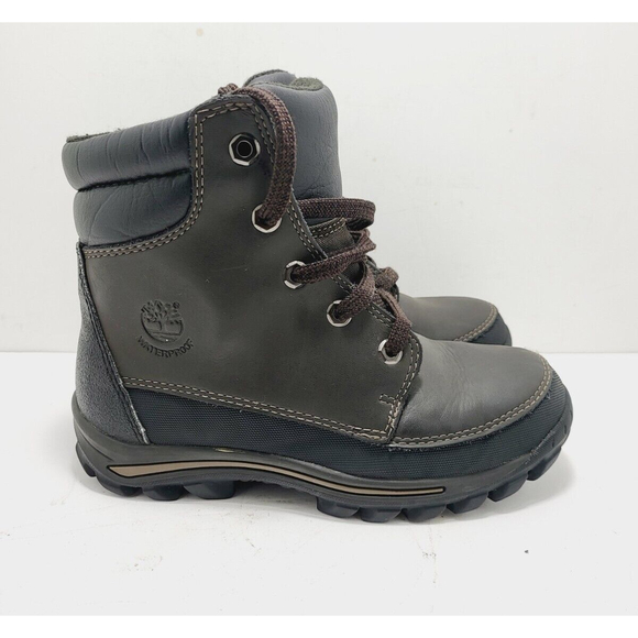 Timberland Boys Premium Leather Boots Mid Waterproof-Color Brown On Black-Size 1 - Picture 1 of 8